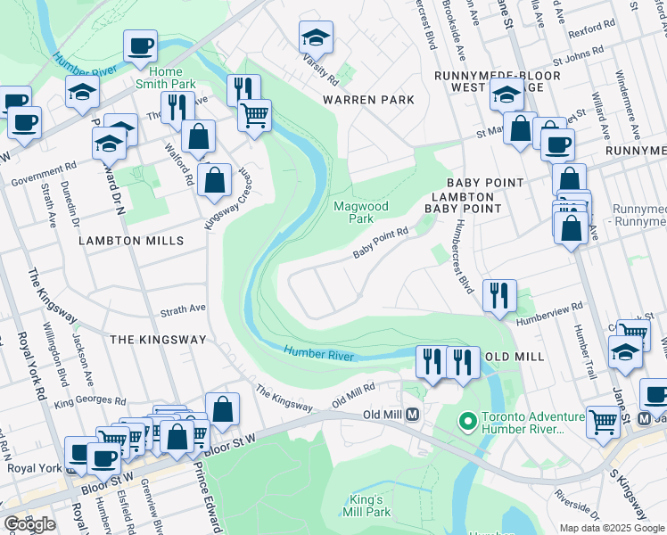 map of restaurants, bars, coffee shops, grocery stores, and more near 101 Baby Point Road in Toronto