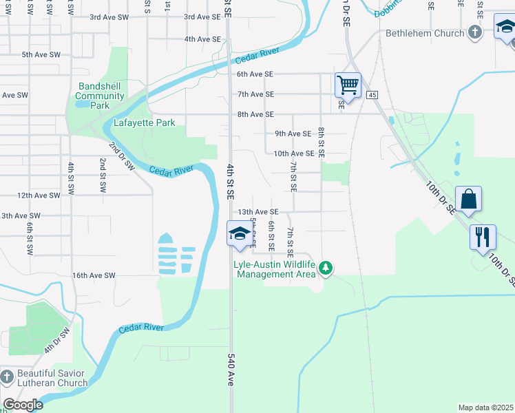 map of restaurants, bars, coffee shops, grocery stores, and more near 601 13th Avenue Southeast in Austin