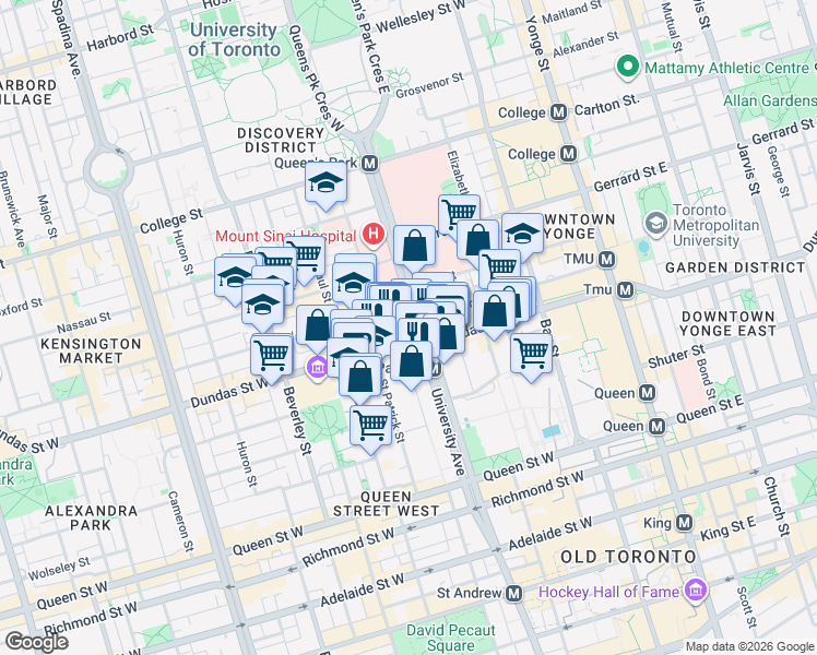 map of restaurants, bars, coffee shops, grocery stores, and more near 488 University Avenue in Toronto