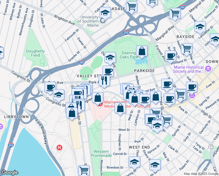 map of restaurants, bars, coffee shops, grocery stores, and more near 15 Crescent Street in Portland