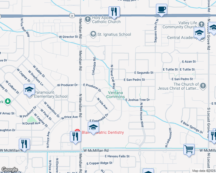 map of restaurants, bars, coffee shops, grocery stores, and more near 348 East Ironstone Court in Meridian
