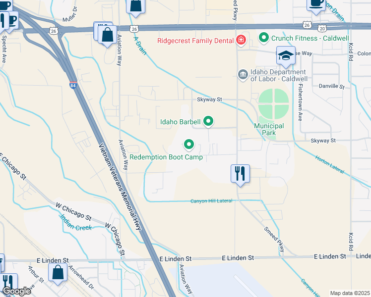 map of restaurants, bars, coffee shops, grocery stores, and more near 4115 Challenger Way in Caldwell