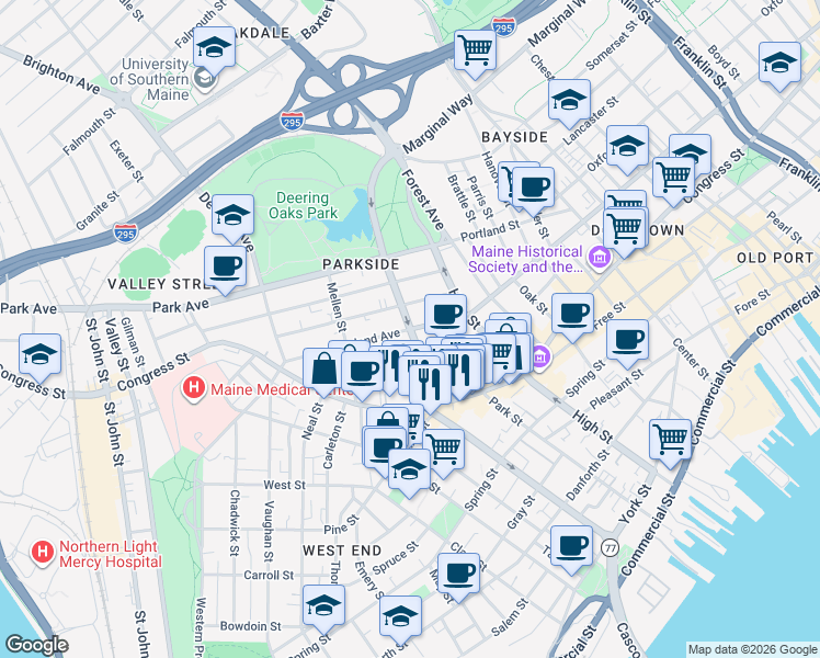 map of restaurants, bars, coffee shops, grocery stores, and more near State Street & Cumberland Avenue in Portland