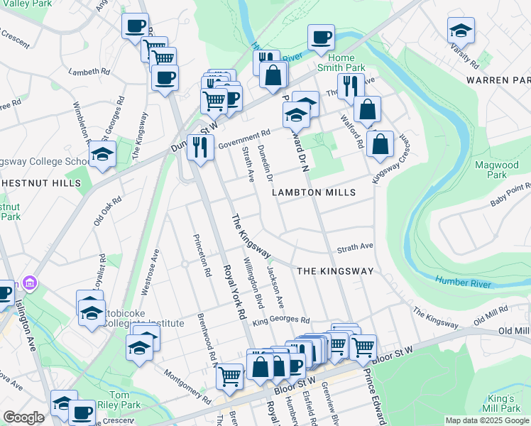 map of restaurants, bars, coffee shops, grocery stores, and more near 80 Strath Avenue in Toronto