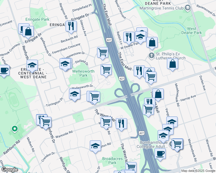 map of restaurants, bars, coffee shops, grocery stores, and more near 627 The West Mall in Toronto