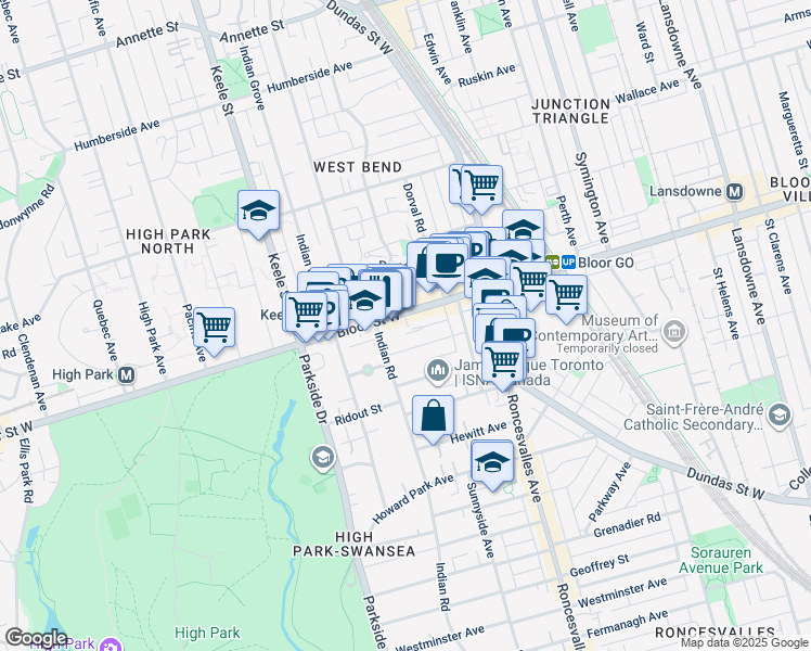 map of restaurants, bars, coffee shops, grocery stores, and more near in Toronto
