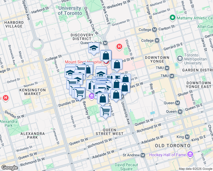 map of restaurants, bars, coffee shops, grocery stores, and more near 195 Saint Patrick Street in Toronto