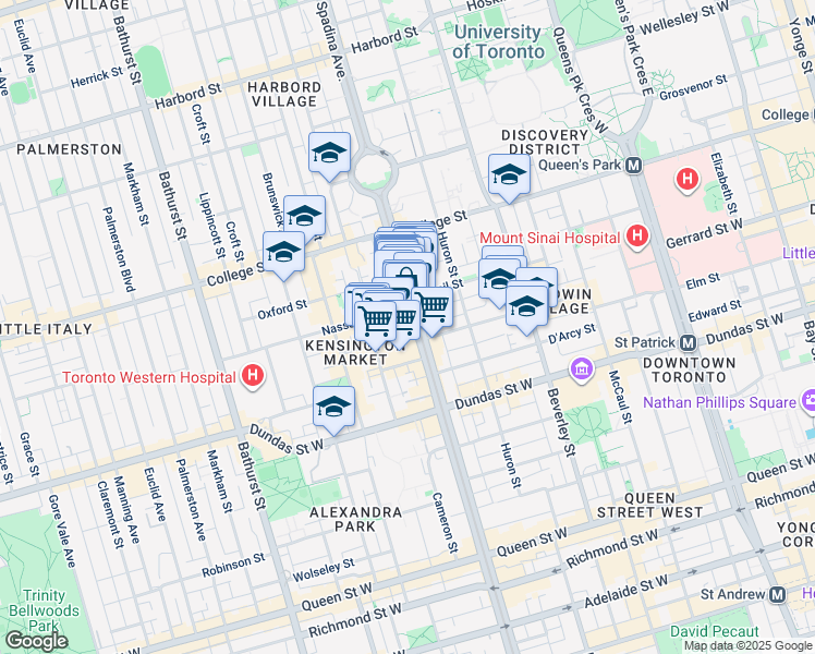 map of restaurants, bars, coffee shops, grocery stores, and more near 382 Spadina Avenue in Toronto