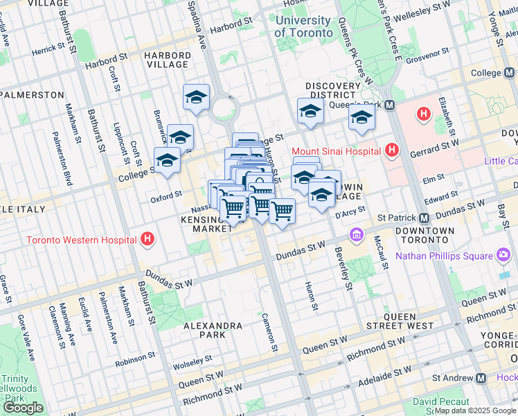 map of restaurants, bars, coffee shops, grocery stores, and more near 345 Spadina Avenue in Toronto