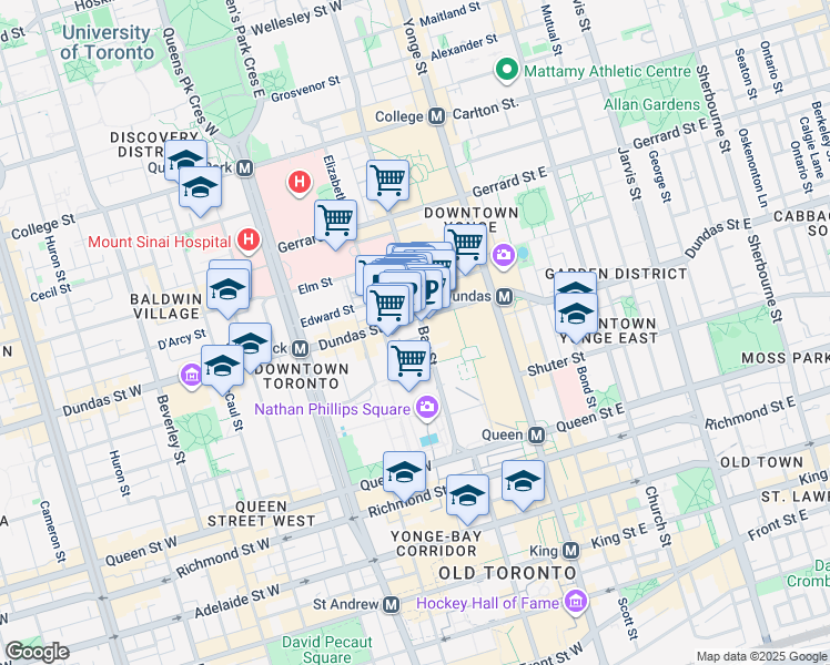 map of restaurants, bars, coffee shops, grocery stores, and more near 110 Dundas Street West in Toronto