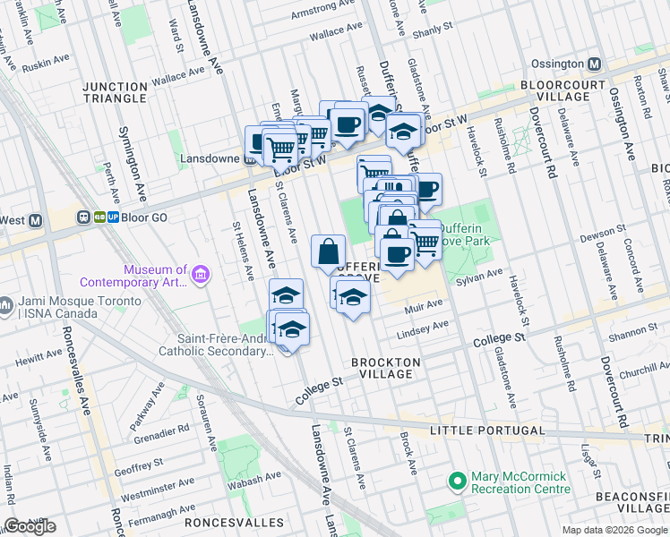 map of restaurants, bars, coffee shops, grocery stores, and more near 201 Margueretta Street in Toronto