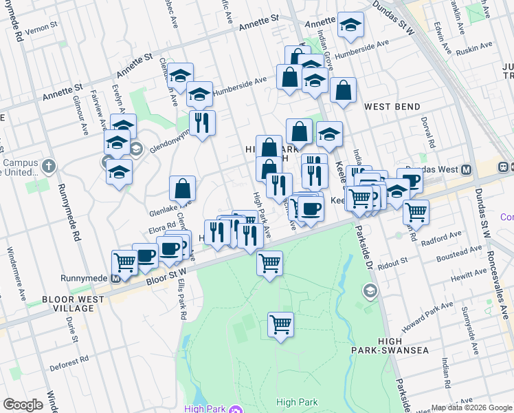 map of restaurants, bars, coffee shops, grocery stores, and more near 50 High Park Avenue in Toronto