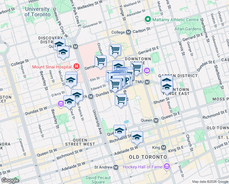 map of restaurants, bars, coffee shops, grocery stores, and more near 111 Elizabeth Street in Toronto