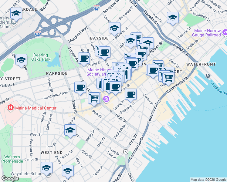 map of restaurants, bars, coffee shops, grocery stores, and more near 550 Congress Street in Portland