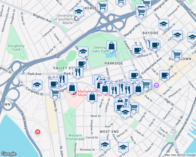 map of restaurants, bars, coffee shops, grocery stores, and more near 121 Grant Street in Portland