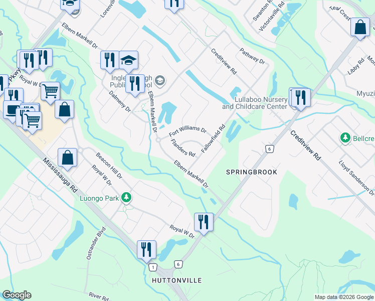map of restaurants, bars, coffee shops, grocery stores, and more near 25 Franmar Road in Brampton