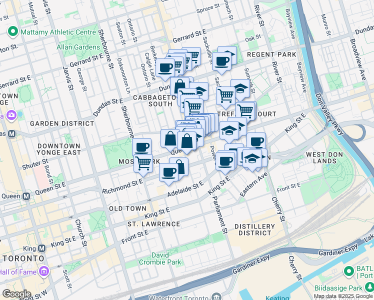 map of restaurants, bars, coffee shops, grocery stores, and more near 325 Queen Street East in Toronto