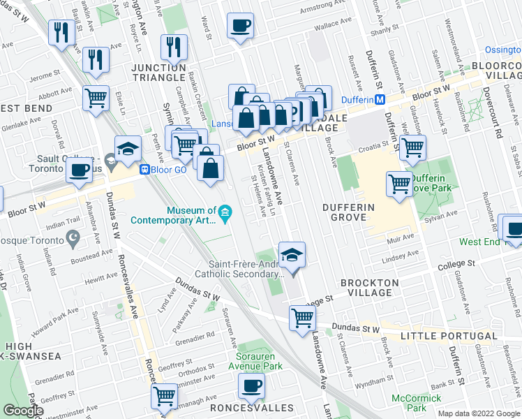 map of restaurants, bars, coffee shops, grocery stores, and more near 220 Saint Helens Avenue in Toronto