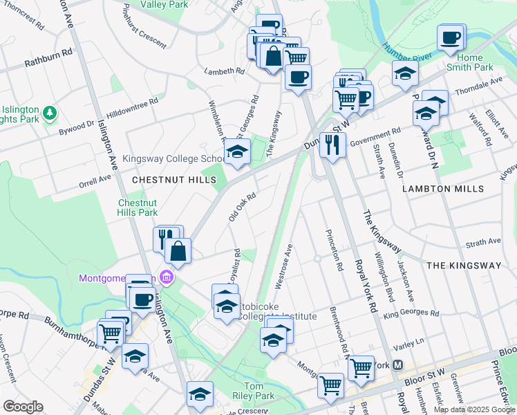 map of restaurants, bars, coffee shops, grocery stores, and more near 10 Cedarcrest Drive in Toronto