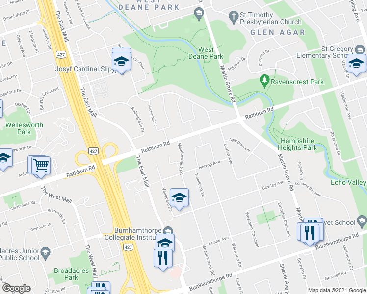map of restaurants, bars, coffee shops, grocery stores, and more near 129 Meadowbank Road in Toronto