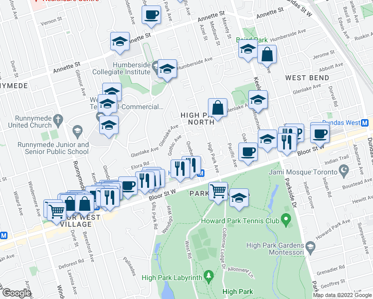 map of restaurants, bars, coffee shops, grocery stores, and more near 117 Gothic Avenue in Toronto