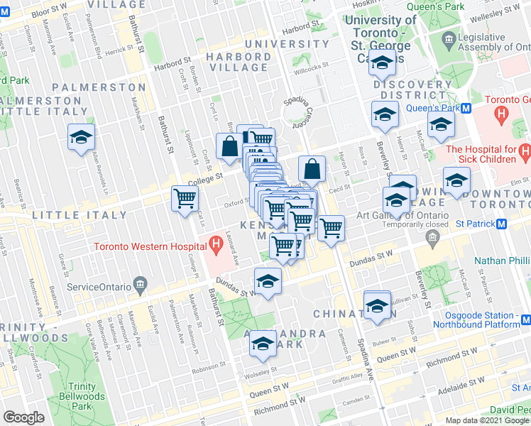 map of restaurants, bars, coffee shops, grocery stores, and more near 66 Nassau Street in Toronto