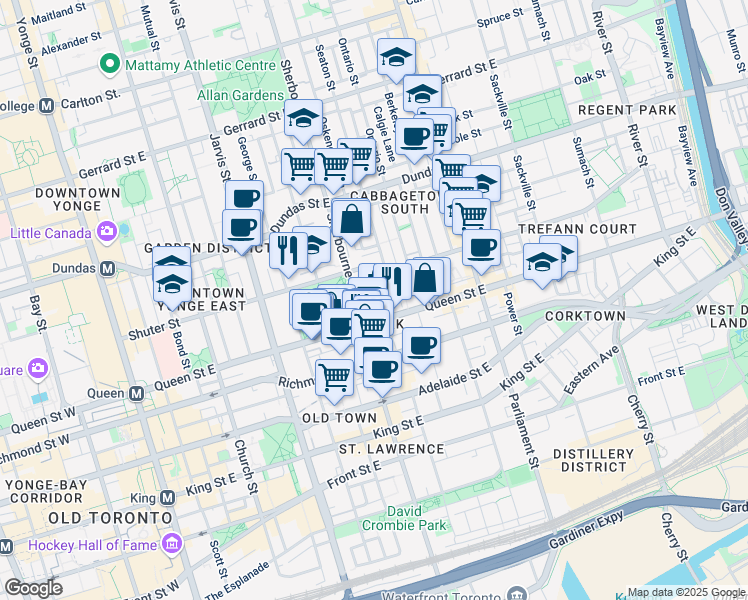map of restaurants, bars, coffee shops, grocery stores, and more near 135 Sherbourne Street in Toronto