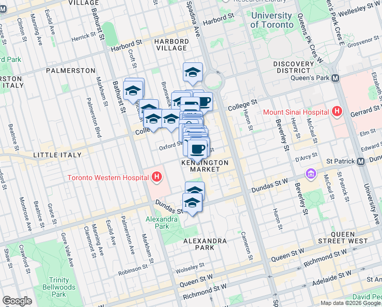 map of restaurants, bars, coffee shops, grocery stores, and more near 66 Nassau Street in Toronto