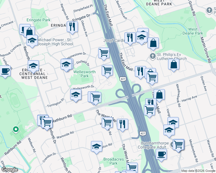 map of restaurants, bars, coffee shops, grocery stores, and more near 625 The West Mall in Toronto