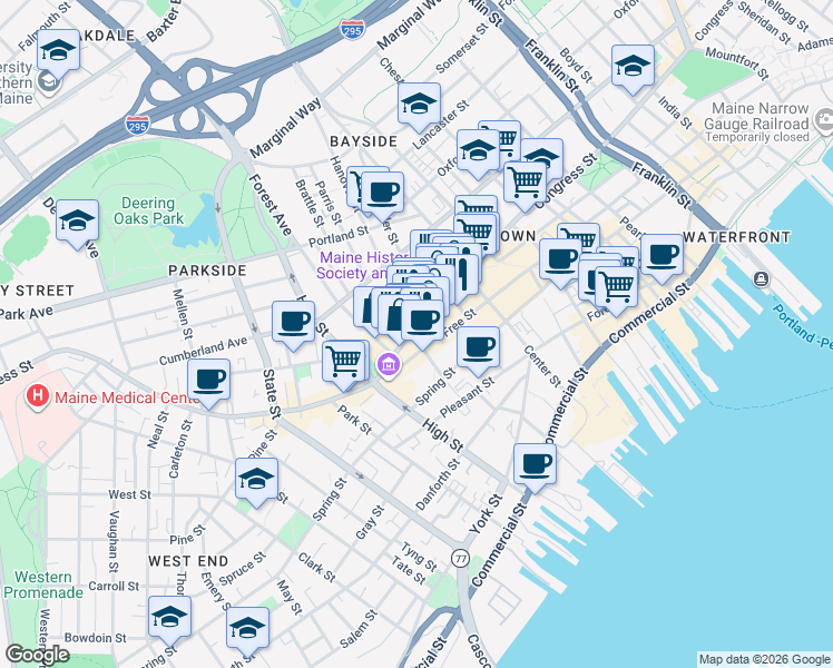 map of restaurants, bars, coffee shops, grocery stores, and more near 548 Congress Street in Portland