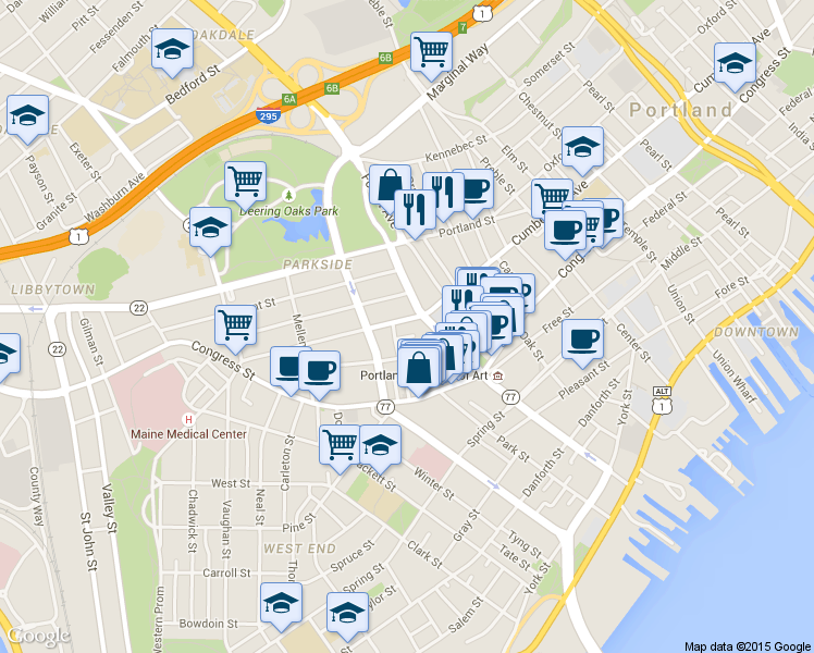 map of restaurants, bars, coffee shops, grocery stores, and more near 210 High Street in Portland