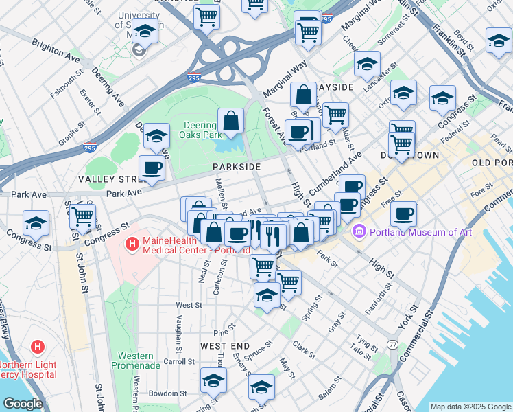 map of restaurants, bars, coffee shops, grocery stores, and more near 61 Sherman Street in Portland