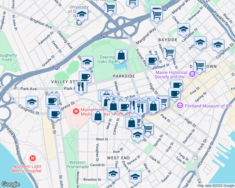 map of restaurants, bars, coffee shops, grocery stores, and more near 83 Mellen Street in Portland
