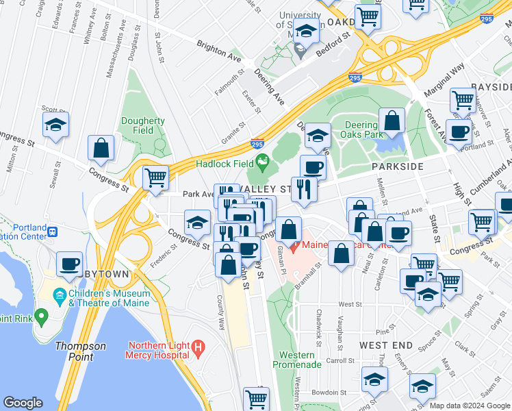 map of restaurants, bars, coffee shops, grocery stores, and more near 45 Forest Street in Portland