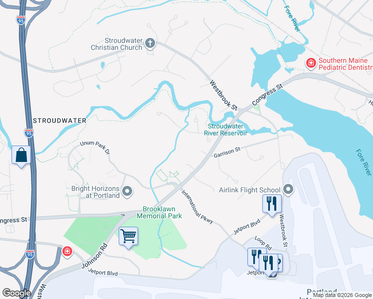 map of restaurants, bars, coffee shops, grocery stores, and more near 66 River's Edge Drive in Portland