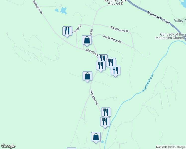 map of restaurants, bars, coffee shops, grocery stores, and more near 1128 Killington Road in Killington