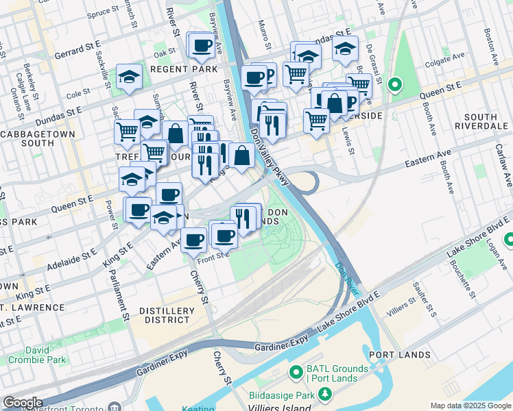 map of restaurants, bars, coffee shops, grocery stores, and more near in Toronto