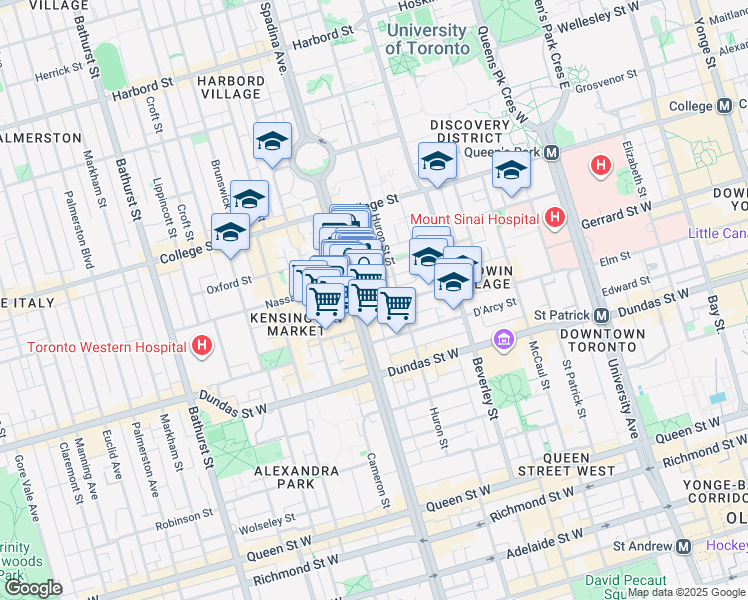 map of restaurants, bars, coffee shops, grocery stores, and more near 345 Spadina Avenue in Toronto