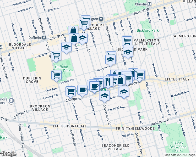 map of restaurants, bars, coffee shops, grocery stores, and more near in Toronto