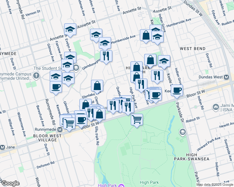 map of restaurants, bars, coffee shops, grocery stores, and more near in Toronto