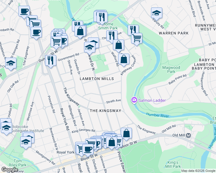 map of restaurants, bars, coffee shops, grocery stores, and more near in Toronto