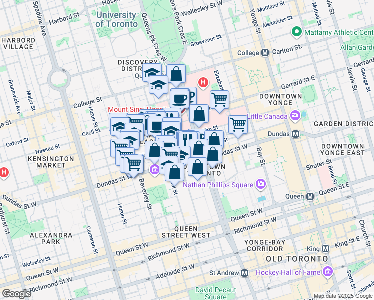 map of restaurants, bars, coffee shops, grocery stores, and more near 280 Simcoe Street in Toronto