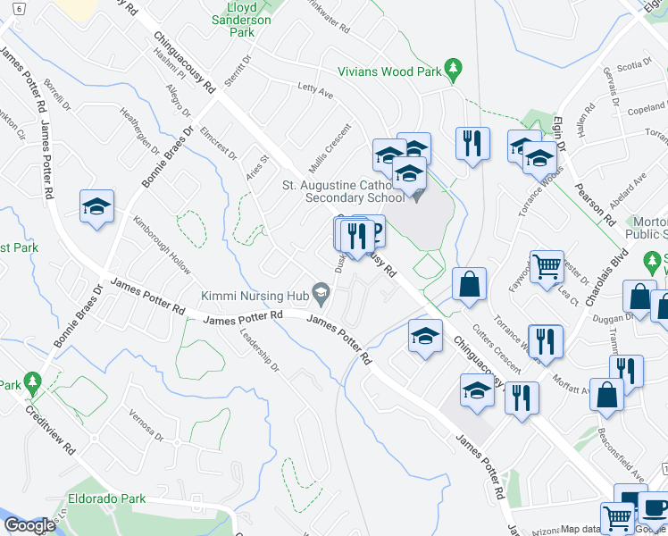 map of restaurants, bars, coffee shops, grocery stores, and more near 27 Hatton Court in Brampton