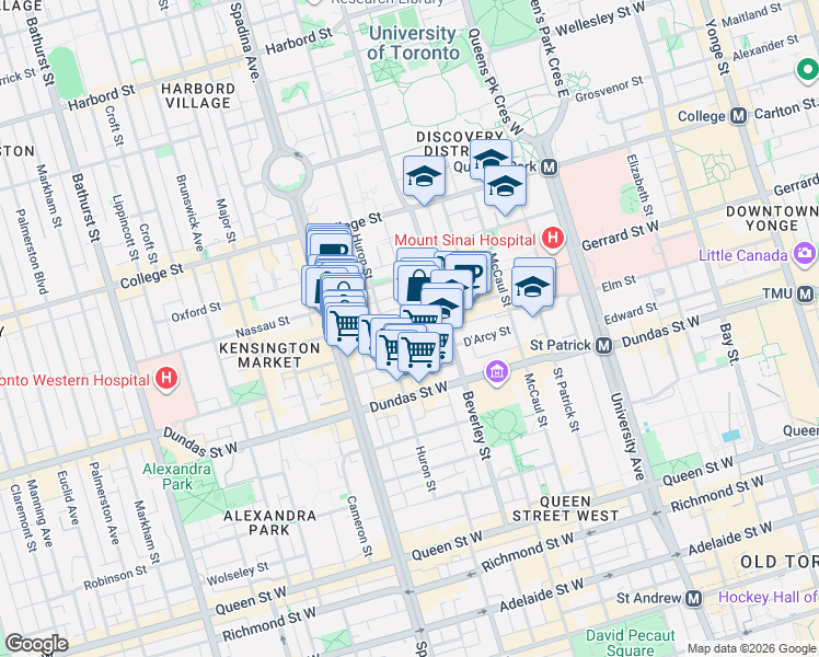 map of restaurants, bars, coffee shops, grocery stores, and more near 85 Baldwin Street in Toronto