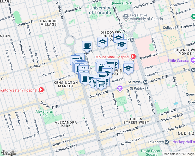 map of restaurants, bars, coffee shops, grocery stores, and more near 91 Baldwin Street in Toronto
