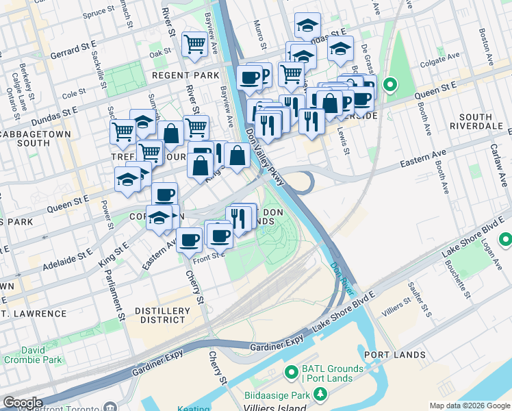map of restaurants, bars, coffee shops, grocery stores, and more near 170 Bayview Avenue in Toronto
