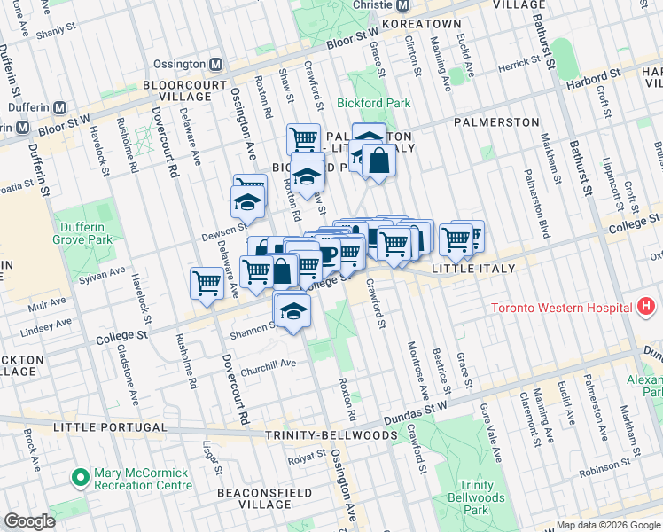 map of restaurants, bars, coffee shops, grocery stores, and more near 444 Shaw Street in Toronto