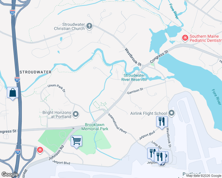 map of restaurants, bars, coffee shops, grocery stores, and more near 66 River's Edge Drive in Portland