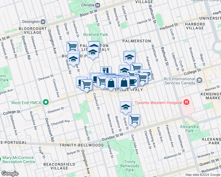 map of restaurants, bars, coffee shops, grocery stores, and more near 660 College Street in Toronto