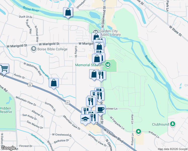 map of restaurants, bars, coffee shops, grocery stores, and more near 5609 North Glenwood Street in Garden City